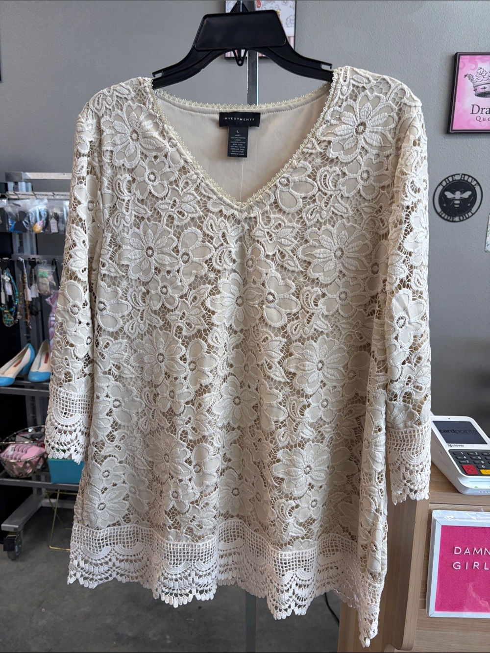 Investments Lace V-Neck Floral Crochet Top in Cream
